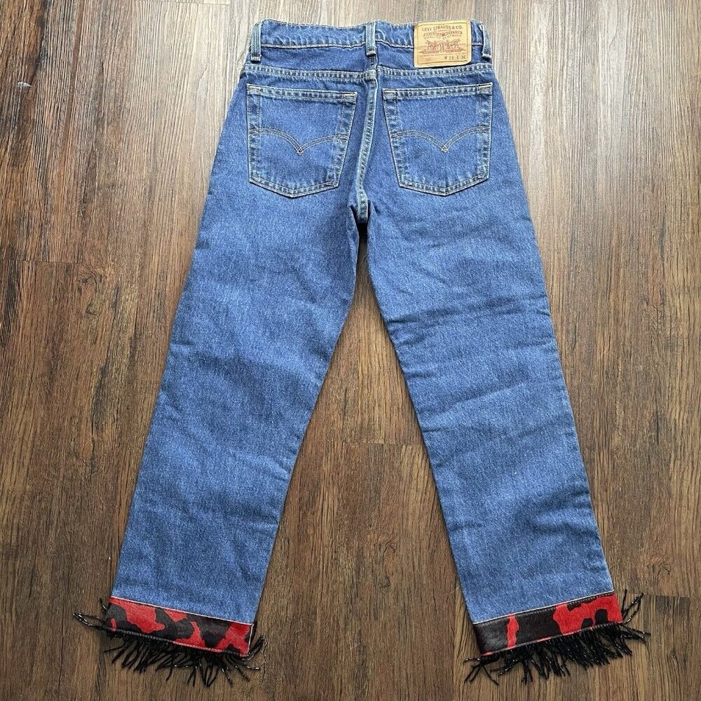 Vtg Levis 505 Denim Blue Jeans Recycled Refashion Beaded Fringe Cuffs Size 28x36 - Picture 2 of 10
